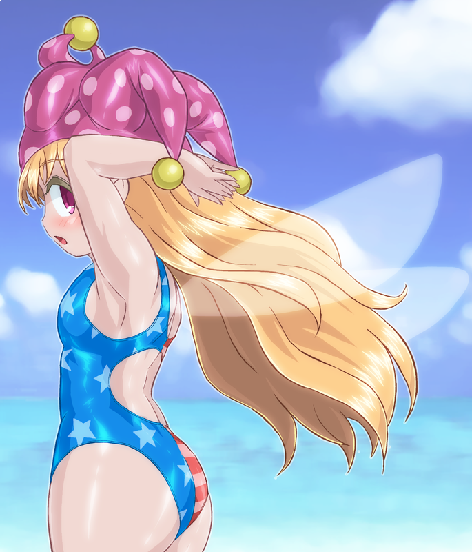 1girl, american_flag_swimsuit, armpits, ass, bare_arms, blonde_hair, breasts, clownpiece