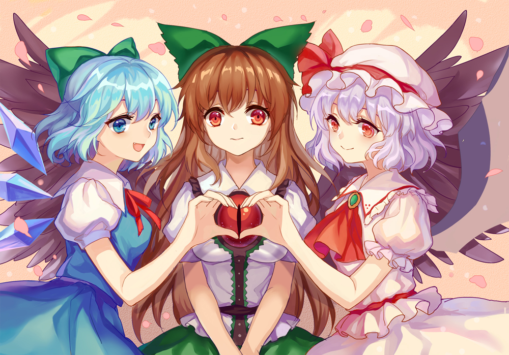 3girls, ascot, black_wings, blue_eyes, blue_hair, blue_skirt, bow, breasts