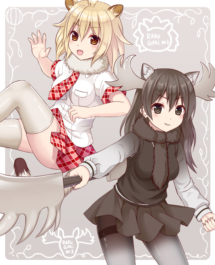2girls, :d, animal_ears, antlers, black_eyes, black_hair, black_legwear, brown_eyes