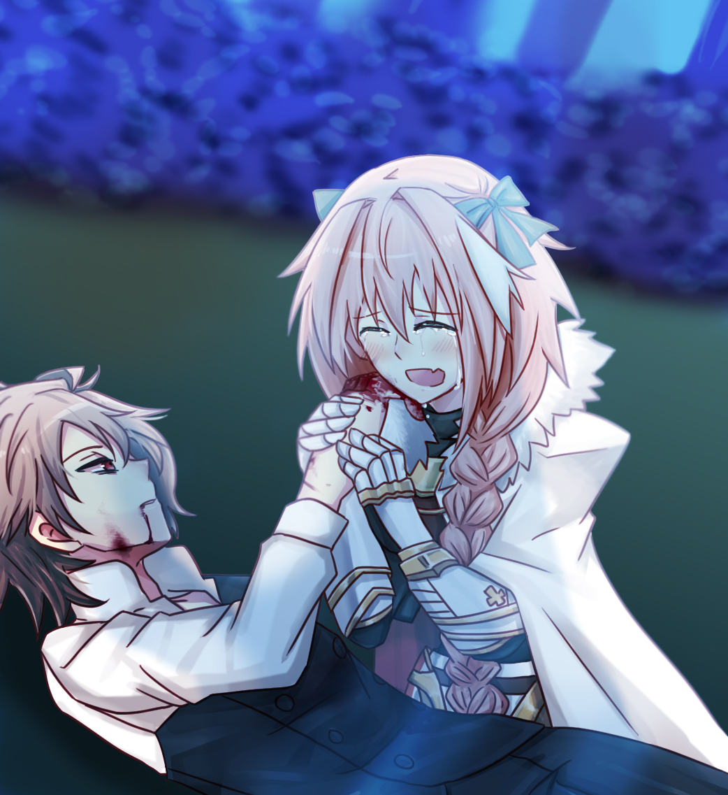 2boys, ahoge, astolfo_(fate), bangs, black_pants, blood, blood_from_mouth, bloody_hands