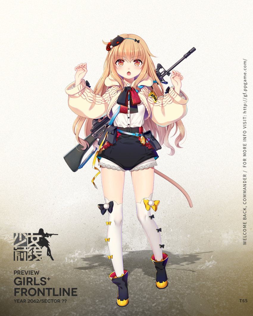 1girl, artist_request, assault_rifle, cat_tail, fang, girls_frontline, gun, hair_ribbon