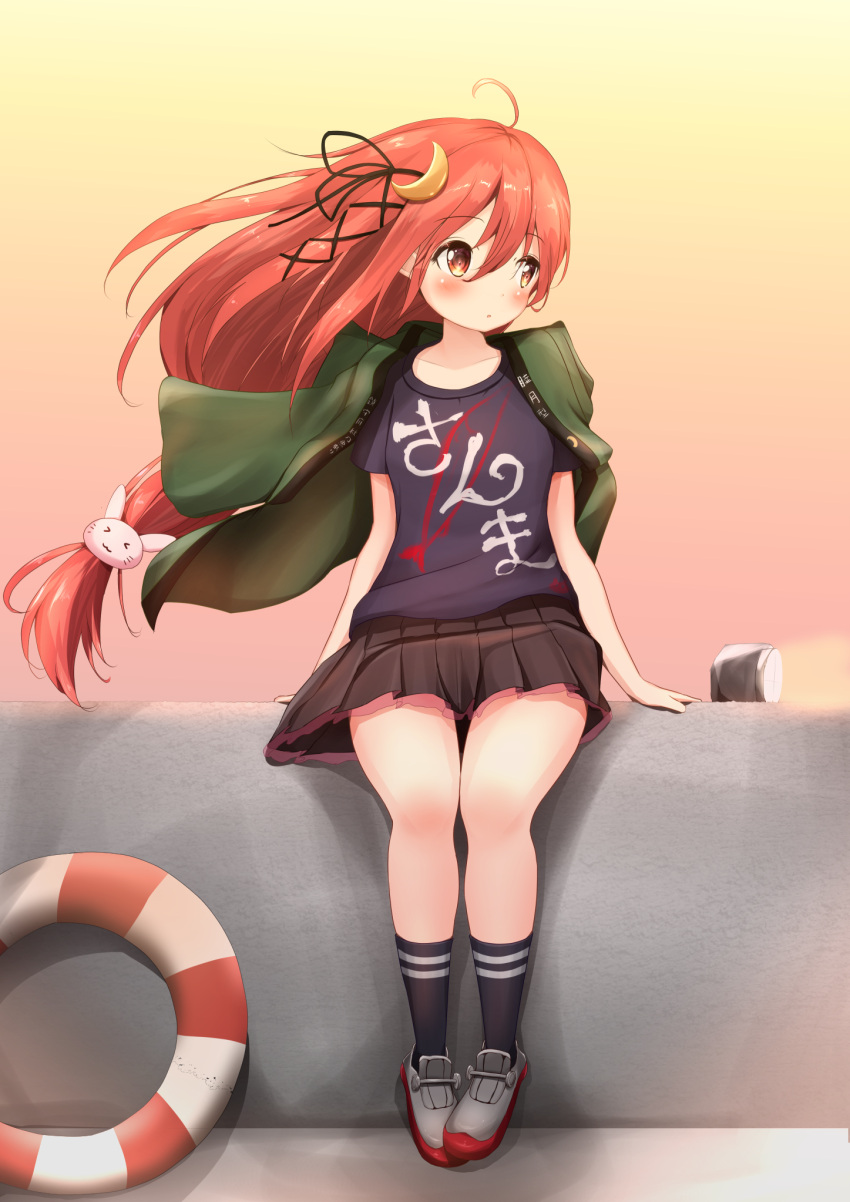 1girl, ahoge, blush, bunny_hair_ornament, casual, crescent, crescent_hair_ornament, hair_ornament