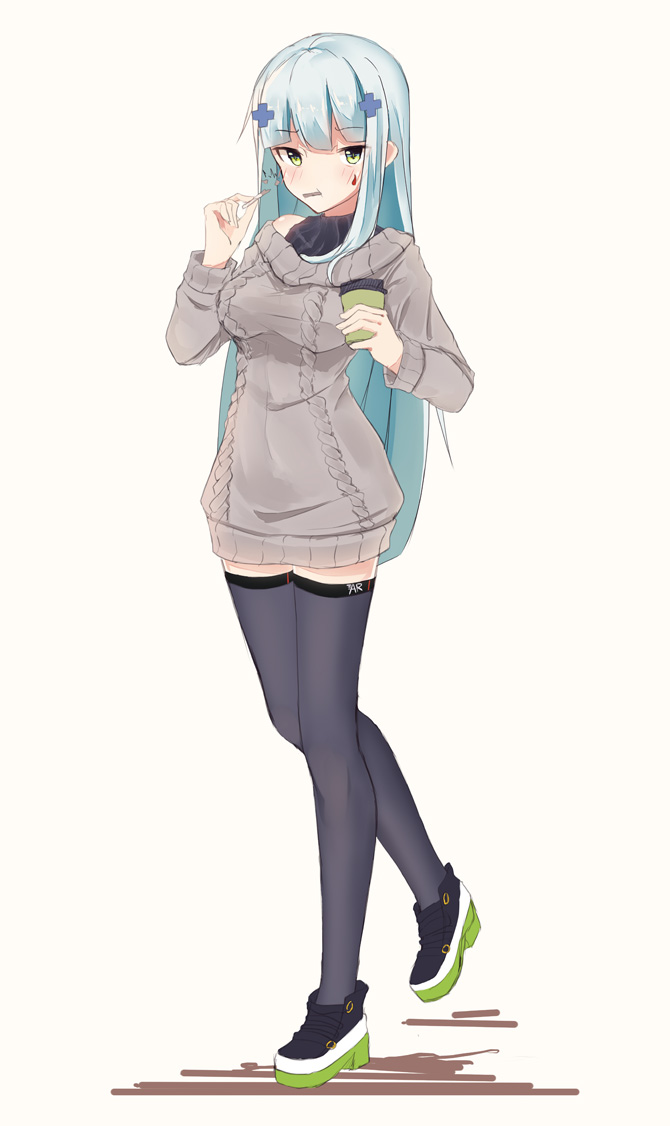 1girl, alternate_costume, bangs, bare_shoulders, black_footwear, black_legwear, blue_hair, blunt_bangs