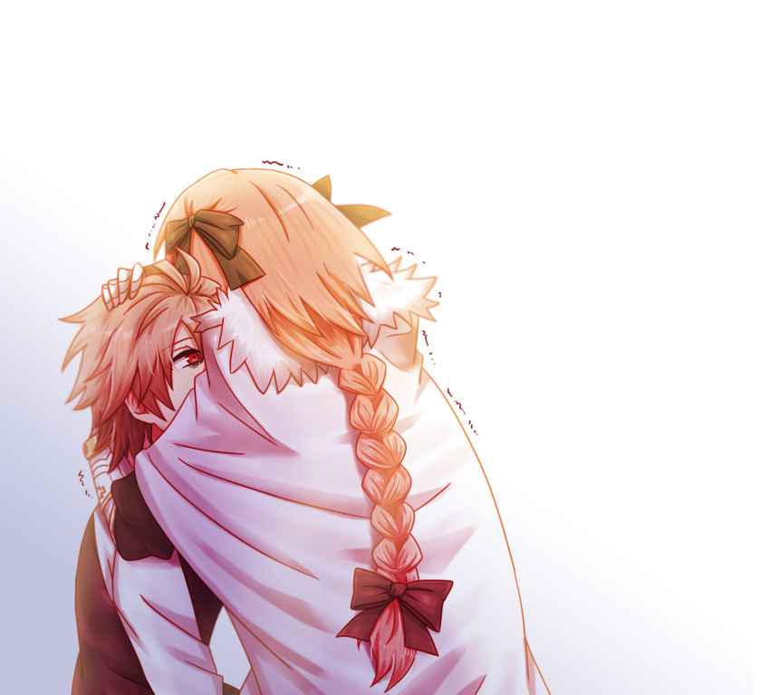 2boys, ahoge, black_ribbon, braid, brown_hair, cape, cloak, eyebrows_visible_through_hair