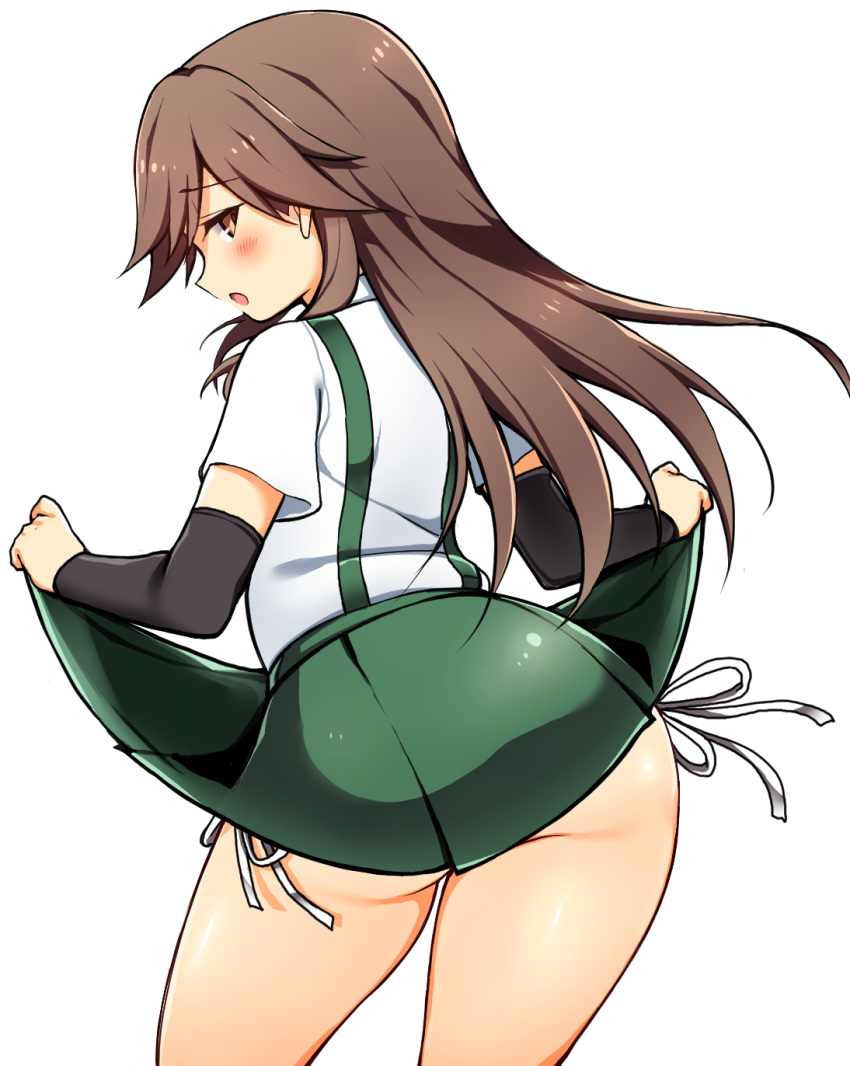 1girl, arashio_(kantai_collection), arm_warmers, ass, blush, brown_eyes, embarrassed, highres