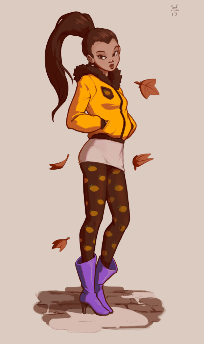1girl, autumn, autumn_leaves, black_legwear, boots, commentary, dark_skin, full_body