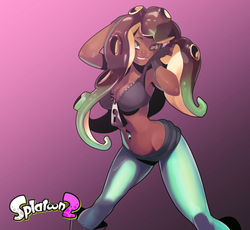 1girl, boots, breasts, brown_hair, cleavage, commentary, copyright_name, dark_skin, fingerless_gloves, gloves, green_eyes, green_hair, green_legwear, heart, heart-shaped_pupils, highres, knee_boots, lips, marina_(splatoon), medium_breasts, midriff, multicolored_hair, navel, navel_piercing, octarian, piercing, sanefox, slime, smile, solo, splatoon_(series), splatoon_2, symbol-shaped_pupils, tentacle_hair, two-tone_hair, unzipped, zipper
