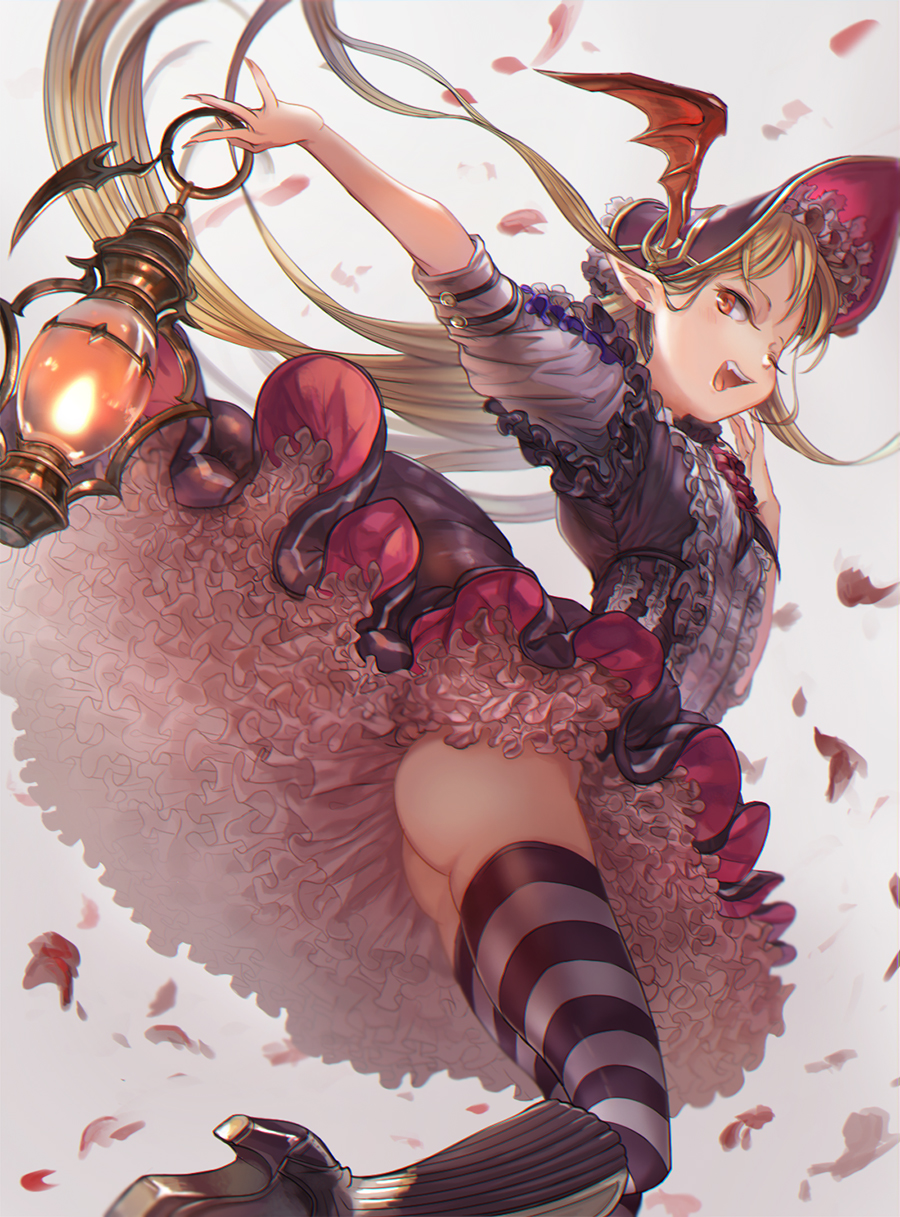 1girl, ;d, ass, blonde_hair, bonnet, boots, brown_eyes, dress
