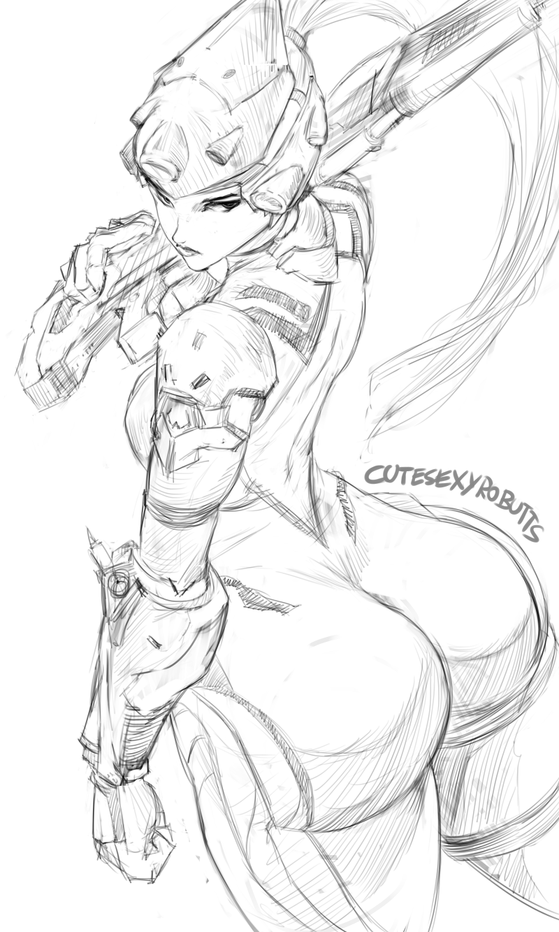 1girl, ass, breasts, butt_crack, cutesexyrobutts, gun, highres, huge_ass
