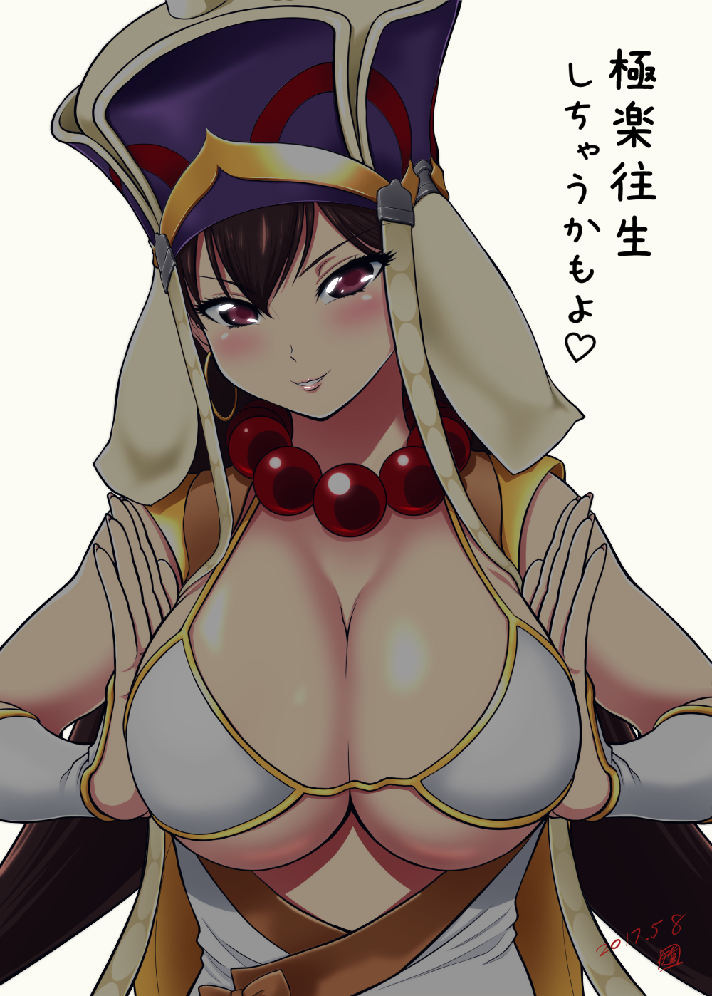 1girl, arm_warmers, beads, bikini_top, black_hair, breast_press, breasts, cleavage