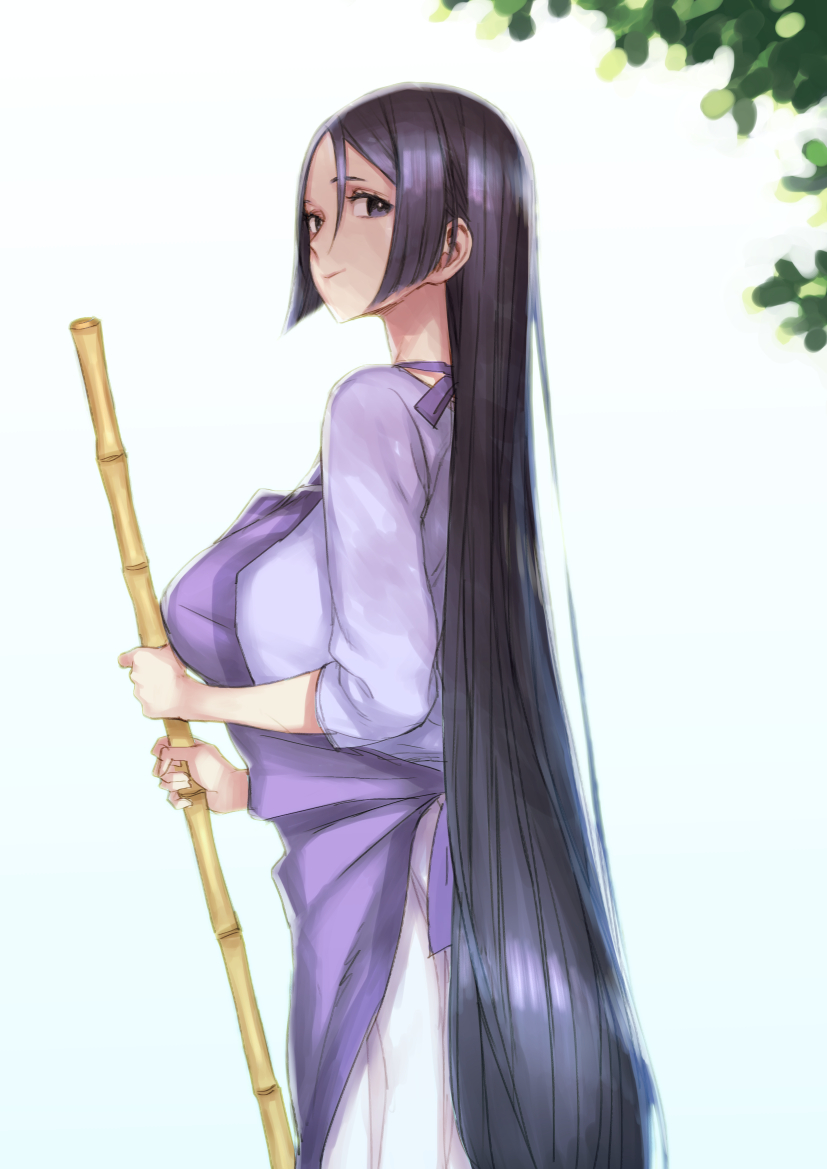 1girl, apron, black_eyes, black_hair, breasts, broom, casual, fate/grand_order