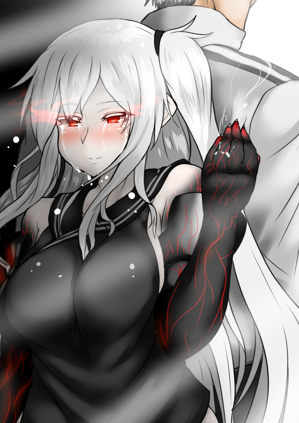 1boy, 1girl, admiral_(kantai_collection), aircraft_carrier_oni, back-to-back, black_shirt, crying, crying_with_eyes_open