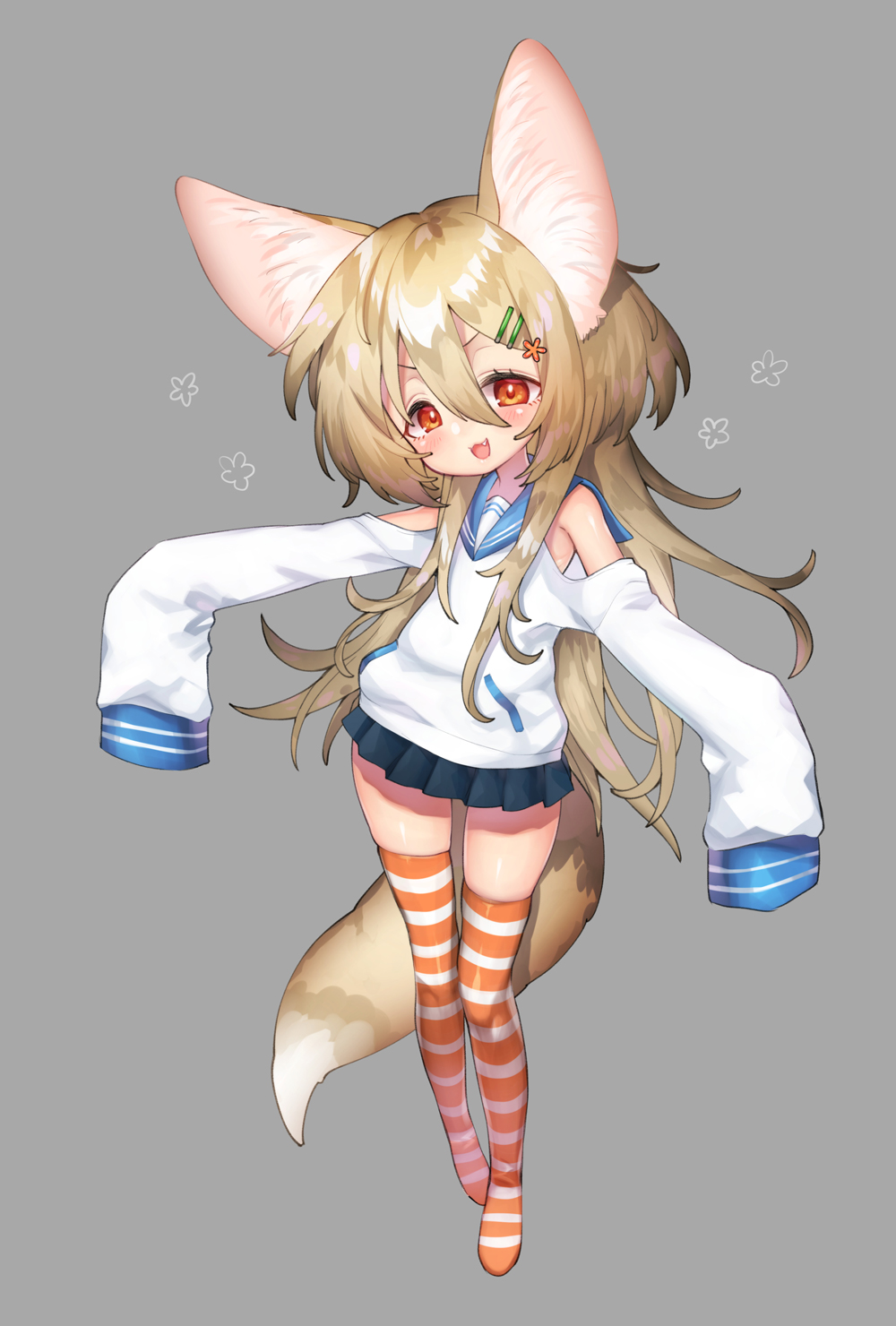 1girl, :3, animal_ears, blonde_hair, blush, fang, felt_(inuue_kiyu), fox_ears
