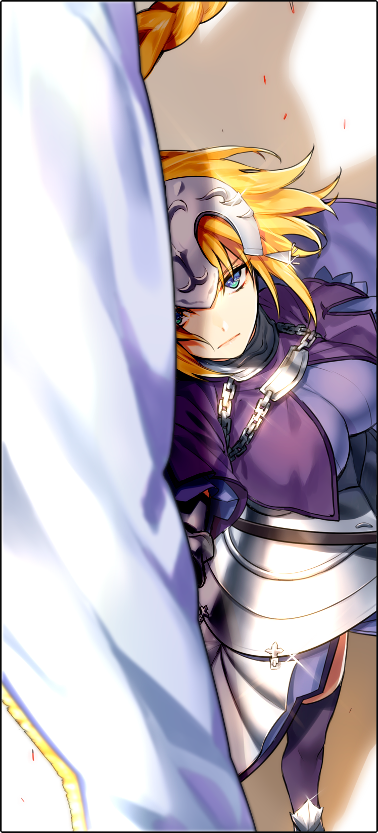 1girl, armor, armored_dress, black_border, blonde_hair, blue_eyes, border, braid