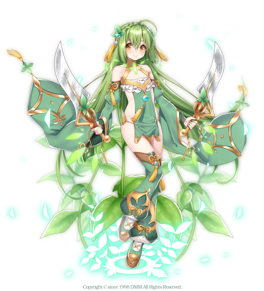 1girl, ahoge, braid, closed_mouth, crown_braid, dual_wielding, flat_chest, flower_knight_girl, green_legwear, hattori_masaki, holding, holding_sword, holding_weapon, looking_at_viewer, mint, mint_(flower_knight_girl), object_namesake, official_art, revealing_clothes, shoes, smile, solo, sword, tabard, thigh-highs, weapon, white_background, yellow_eyes