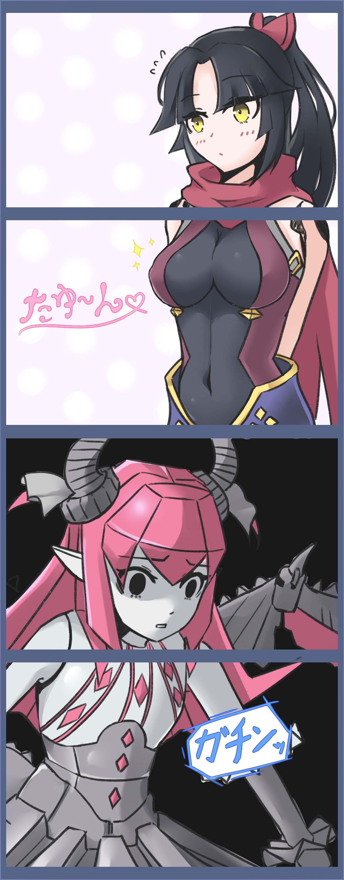 2girls, 4koma, absurdres, black_hair, breast_envy, comic, covered_navel, dragon_horns