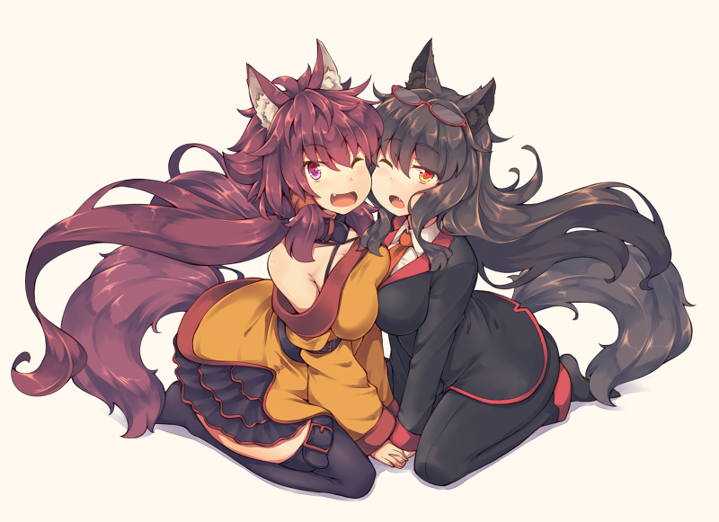 2girls, animal_ears, bare_shoulders, black_hair, breasts, brown_hair, eyewear_on_head, fang, hand_holding, inukami_shino, karimiya_chiko, kneeling, kuromiya, large_breasts, long_hair, looking_at_viewer, multiple_girls, one_eye_closed, open_mouth, original, red_eyes, simple_background, tail, thigh-highs, violet_eyes, white_background