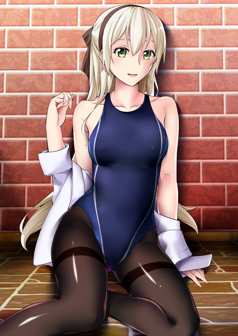 1girl, black_legwear, blonde_hair, blue_swimsuit, brick_wall, brown_ribbon, competition_swimsuit, dress_shirt
