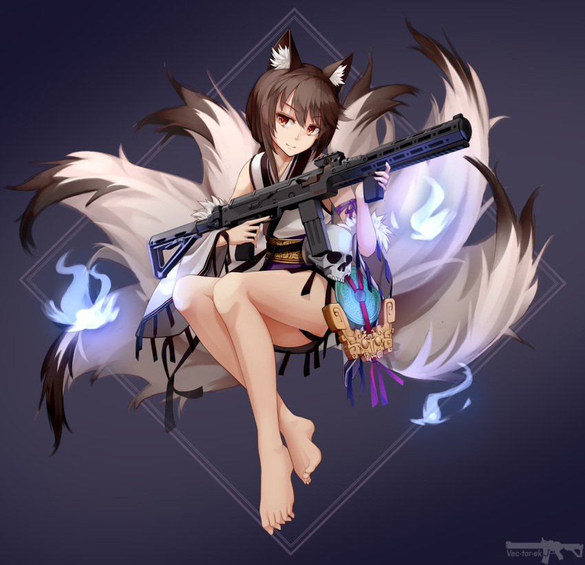 1girl, absurdres, animal_ears, barefoot, blue_fire, brown_eyes, brown_hair, detached_sleeves, fire, full_body, girls_frontline, gun, highres, japanese_clothes, magpule, multiple_tails, skull, smg, smile, submachine_gun, tail, type_79_(girls_frontline), type_79_smg, vectorek, weapon, wolf_ears, wolf_tail