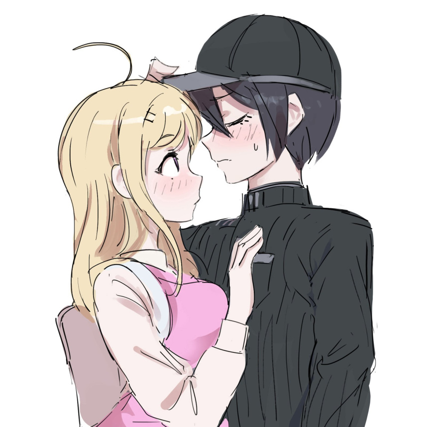 1boy, 1girl, ahoge, akamatsu_kaede, backpack, bag, black_hair, blonde_hair