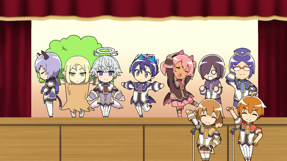 3girls, 6+boys, adjusting_eyewear, angel, animal_ears, blonde_hair, blue_hair, blush