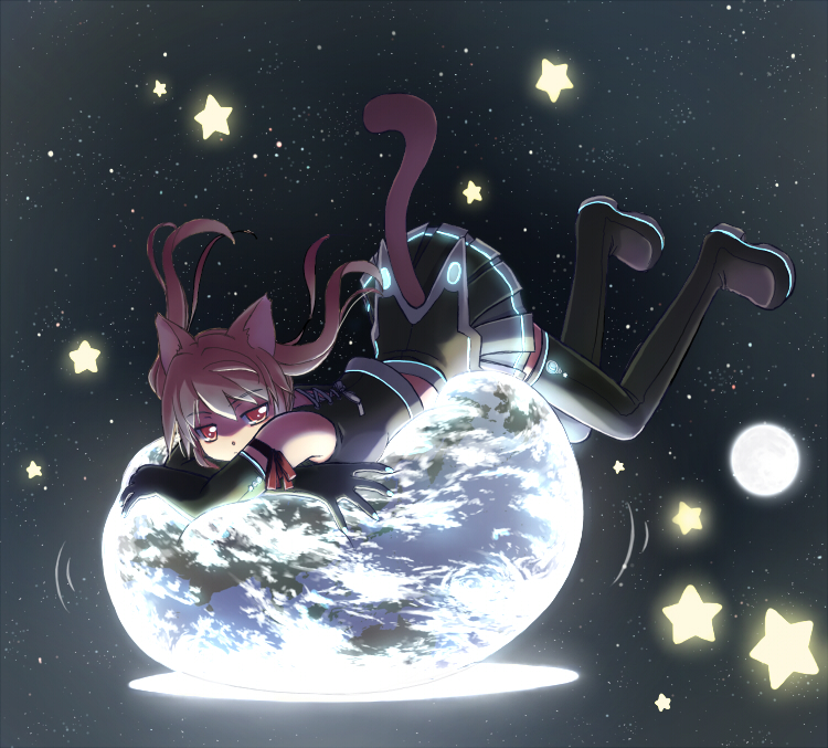 ball, boots, cat_ears, cat_tail, earth, elbow_gloves, ga9, gloves, long_hair, mochiduki_saku, mochizuki_saku, original, purple_eyes, red_eyes, red_hair, redhead, sitting, skirt, space, star, tail, thigh-highs, thigh_boots, thighhighs, twintails, violet_eyes