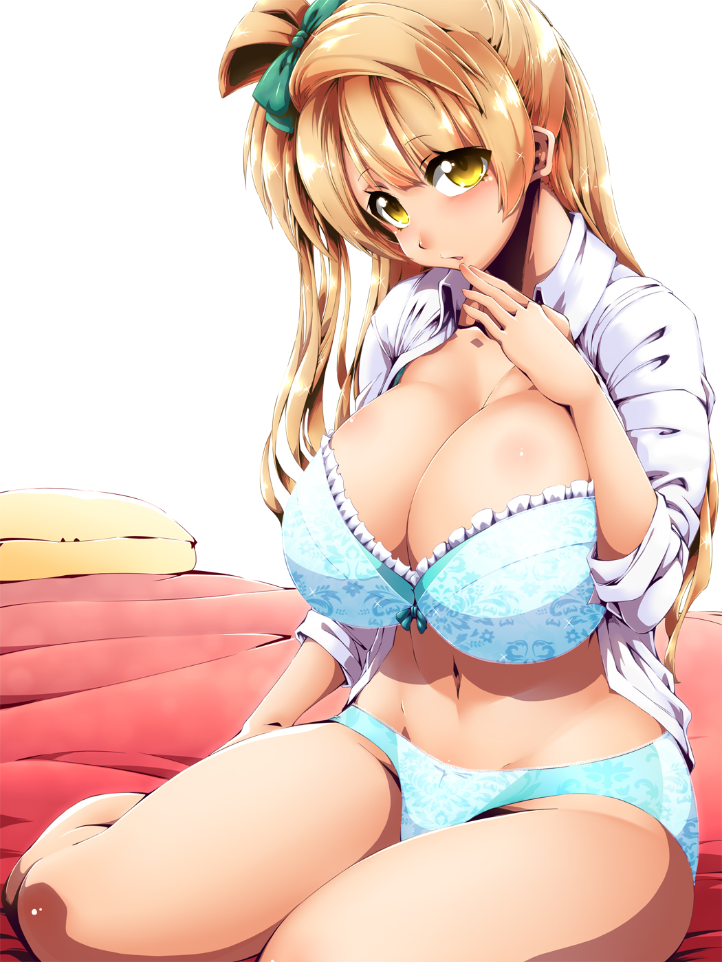 1girl, blue_bra, blue_panties, bow, bra, breasts, brown_hair, cleavage
