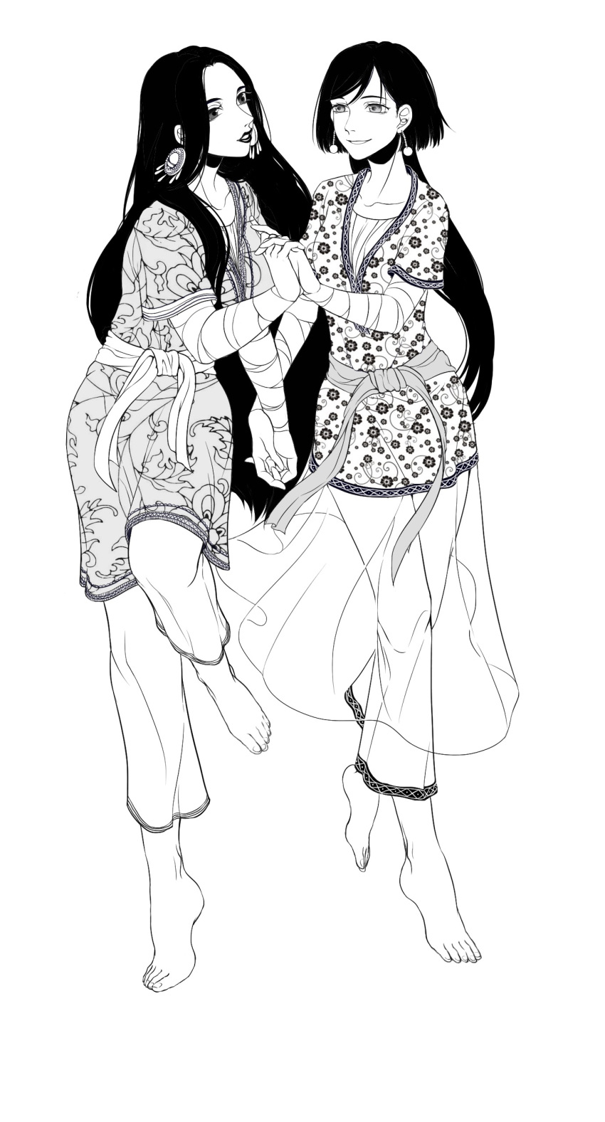 2girls, absurdres, anis_(otoyomegatari), bandage, barefoot, earrings, feet, full_body