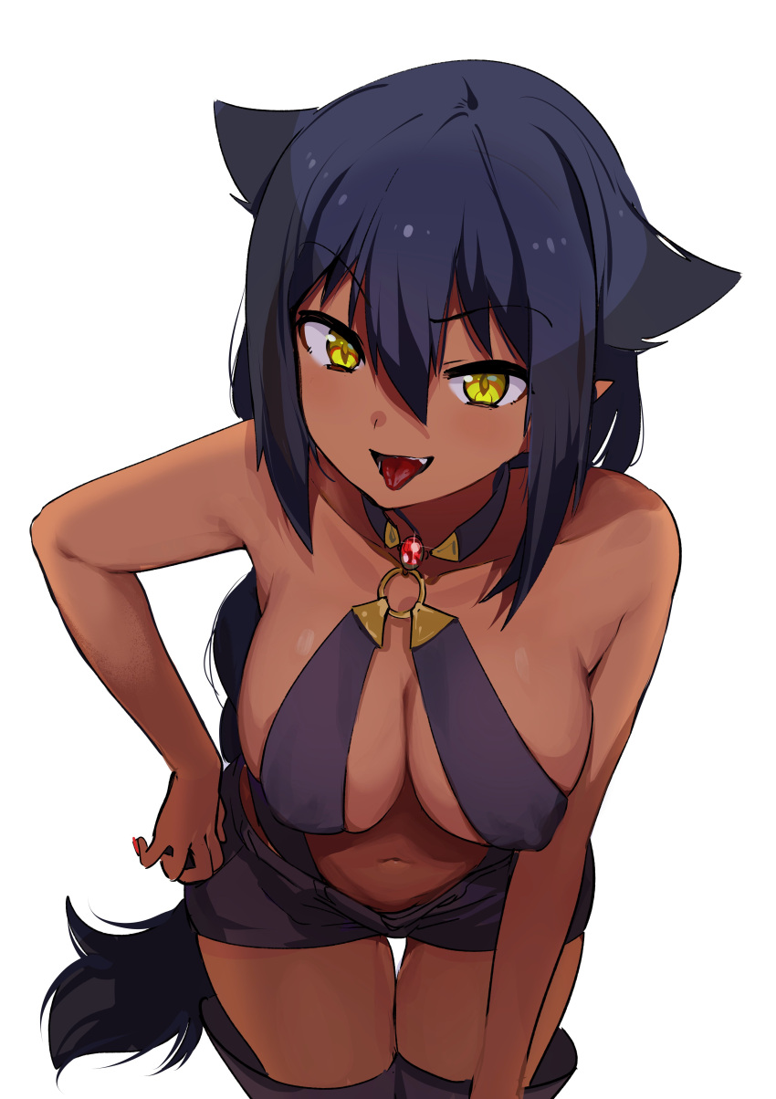1girl, absurdres, bare_shoulders, black_hair, breasts, collarbone, commentary_request, dark_skin, erect_nipples, eyebrows_visible_through_hair, fang, gem, hair_between_eyes, hand_on_hip, hand_on_own_knee, highres, konbu_wakame, leaning_forward, long_hair, looking_at_viewer, medium_breasts, navel, o-ring_top, open_mouth, red_eyes, shorts, simple_background, solo, tongue, tongue_out, white_background, yumemiru_prima_girl