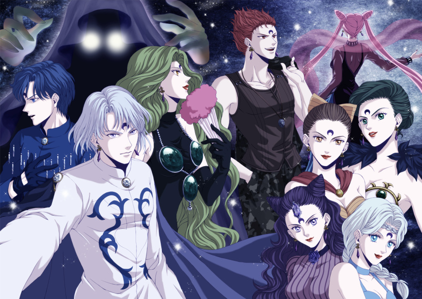 3boys, 6+girls, beruche_(sailor_moon), bishoujo_senshi_sailor_moon, black_gloves, black_hair, black_lady, black_moon_clan