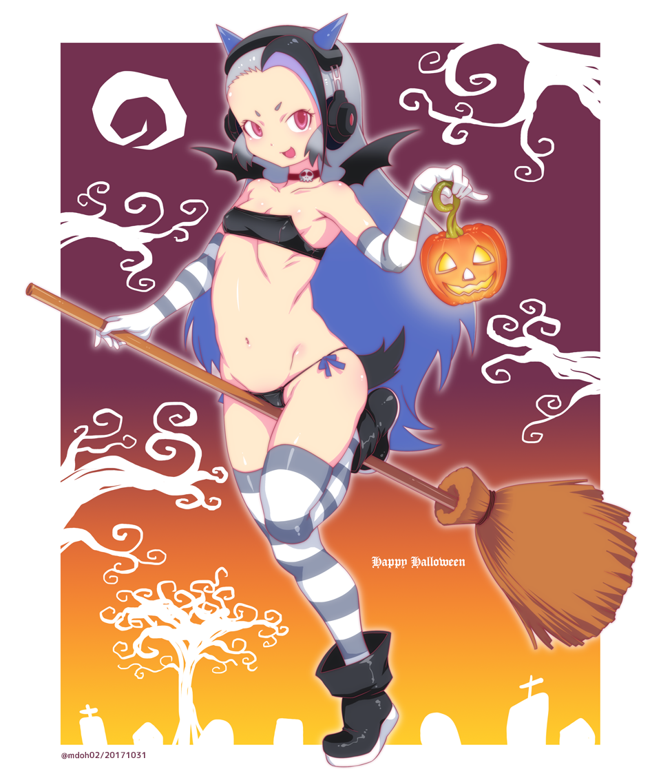 1girl, bat_wings, bikini, black_bikini, black_footwear, black_hair, blush, breasts