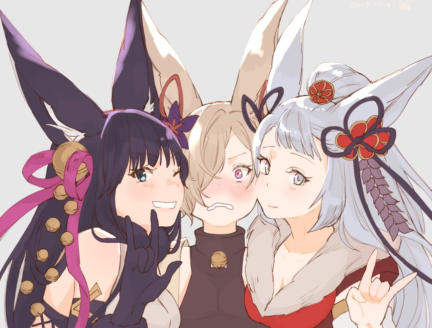 1boy, 2girls, \m/, animal_ears, bell, blue_eyes, blush, erun_(granblue_fantasy), fox_ears, granblue_fantasy, hair_bell, hair_ornament, kou_(granblue_fantasy), long_hair, momose_sumomo, multiple_girls, one_eye_closed, open_mouth, red_eyes, smile, socie_(granblue_fantasy), yuel_(granblue_fantasy)