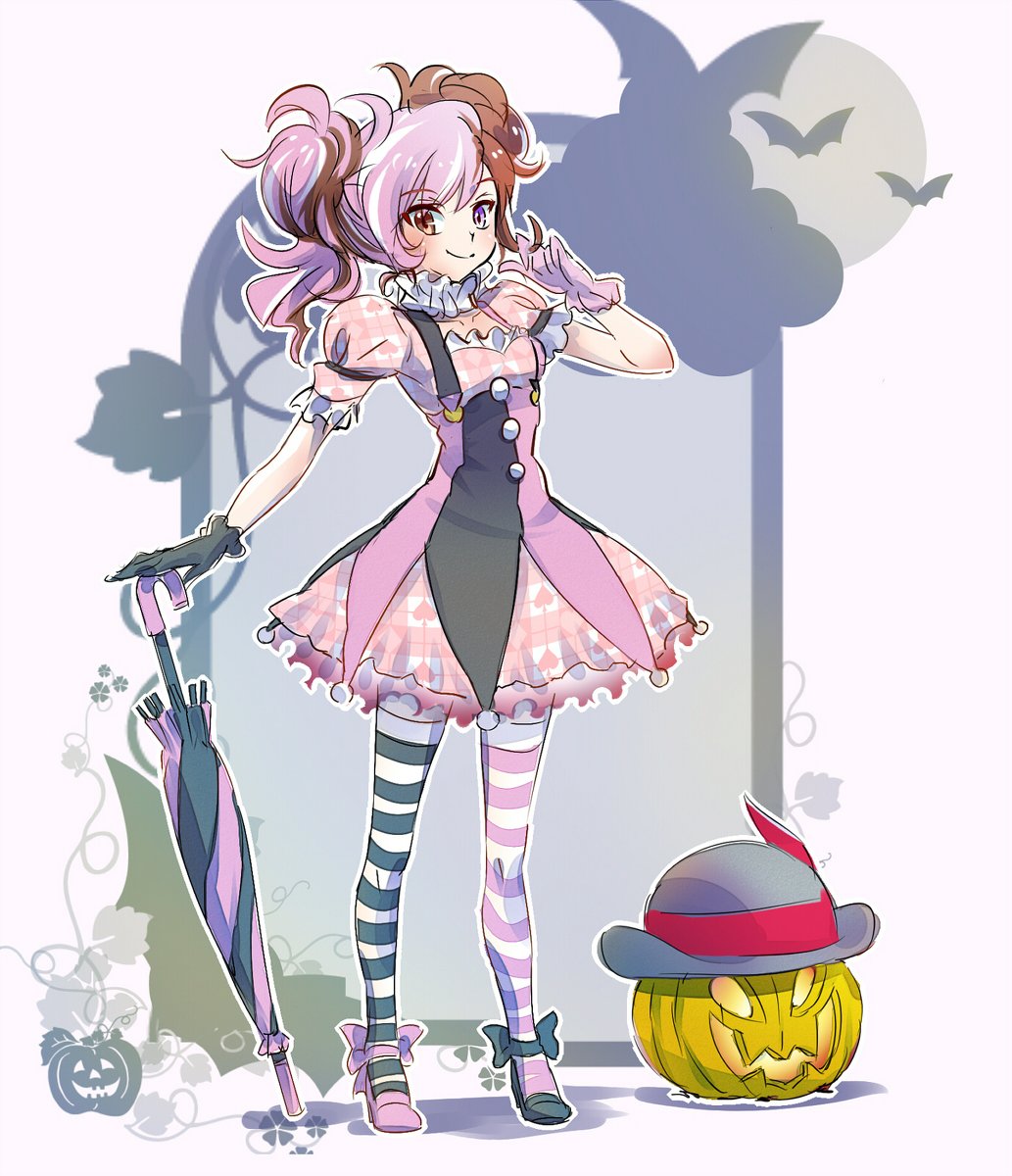 1girl, asymmetrical_gloves, asymmetrical_legwear, bat, bowler_hat, gloves, halloween, halloween_costume