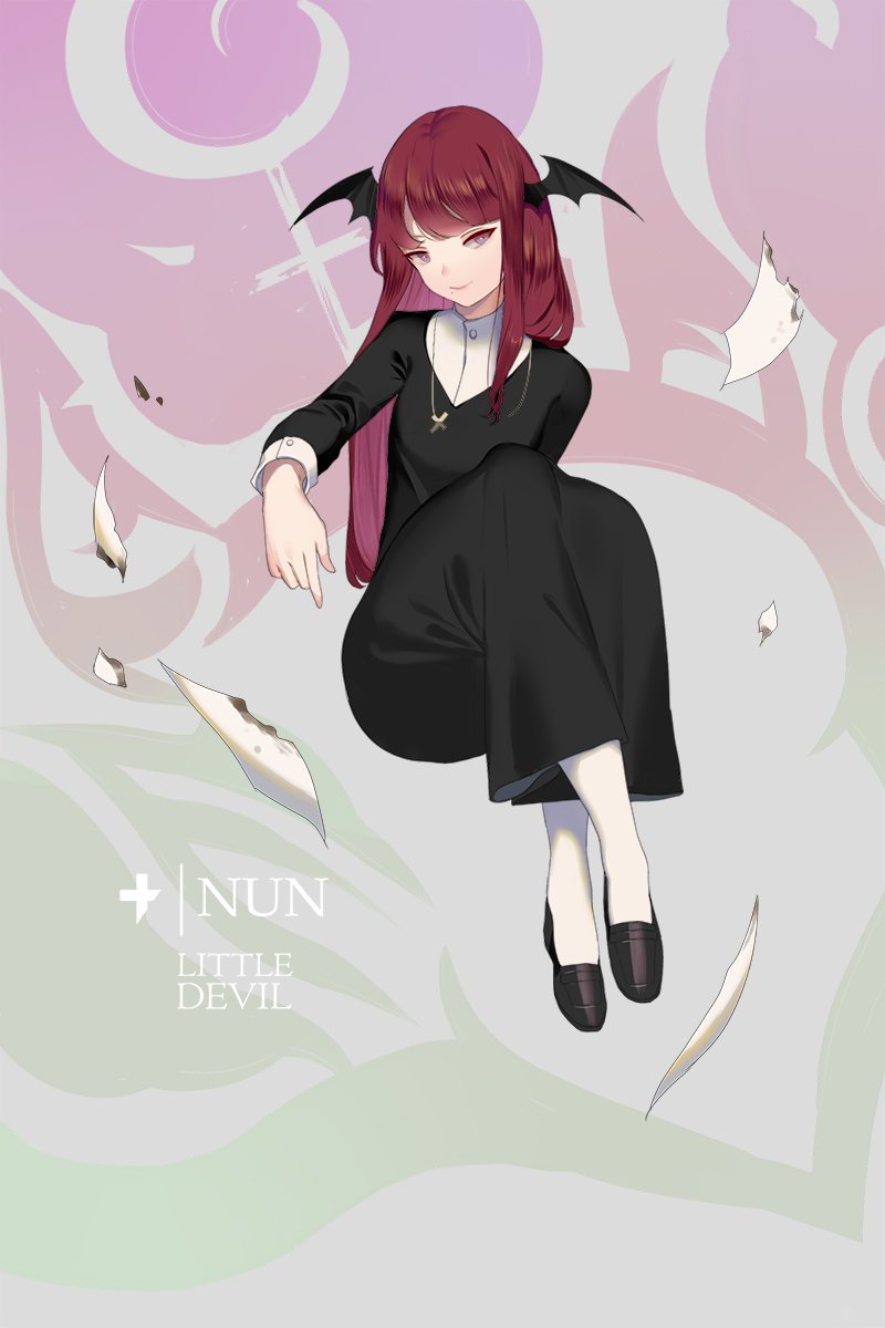 1girl, alternate_costume, bangs, black_footwear, burned_paper, cross, cross_necklace, full_body