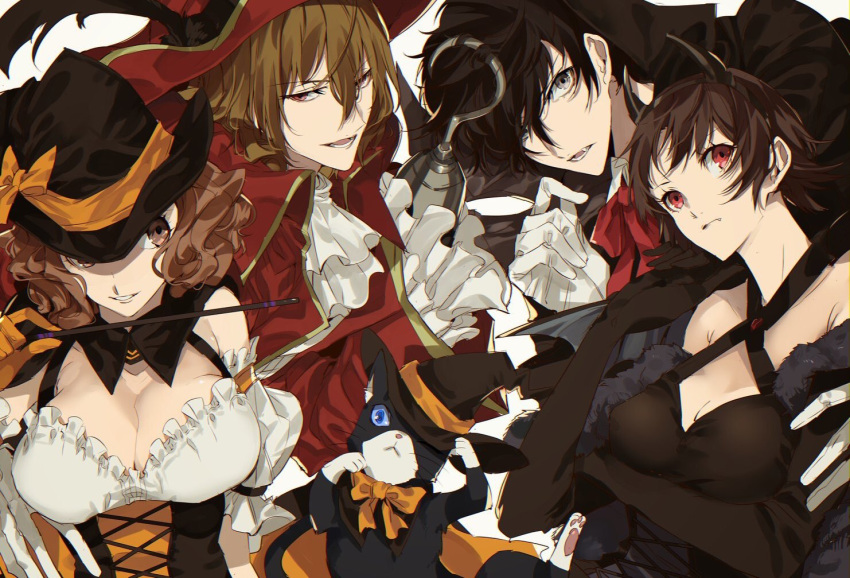 2boys, 2girls, akechi_gorou, ayyataka, black_hair, blush, braid, brown_hair