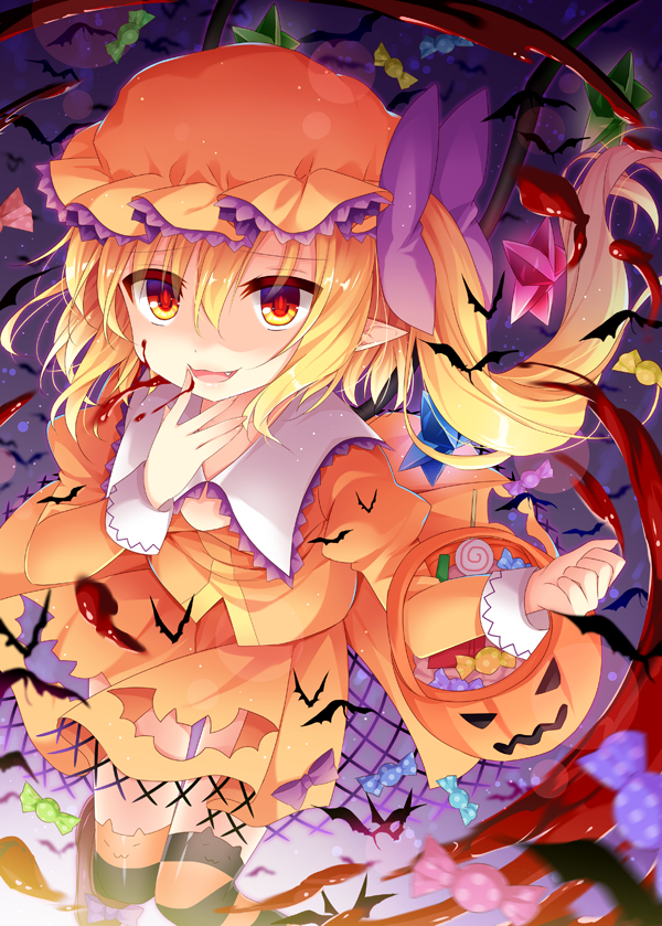 1girl, alternate_color, basket, bat, bat_cutout, blonde_hair, blood, bow