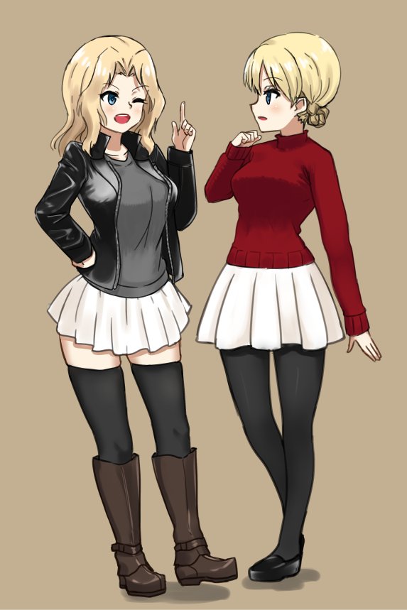 2girls, ;d, alternate_costume, black_legwear, blonde_hair, blush, boots, braid, brown_footwear, darjeeling, french_braid, girls_und_panzer, hand_on_hip, hikyakuashibi, jacket, kay_(girls_und_panzer), leather, leather_boots, leather_jacket, long_hair, miniskirt, multiple_girls, one_eye_closed, open_mouth, pantyhose, red_sweater, skindentation, skirt, smile, sweater, tan_background, thigh-highs, white_skirt, zettai_ryouiki