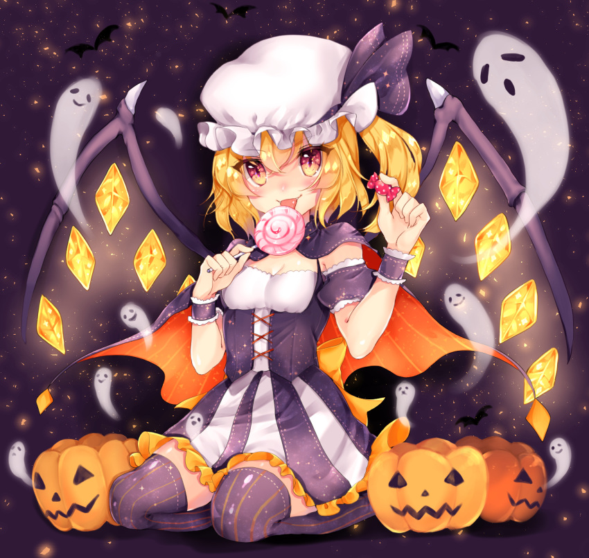1girl, alternate_costume, bat, black_background, black_ribbon, blonde_hair, breasts, candy, cape, corset, dress, flandre_scarlet, food, frilled_dress, frills, full_body, ghost, halloween, halloween_costume, hat, hat_ribbon, highres, holding, licking, lollipop, looking_at_viewer, miya_sakaori, mob_cap, one_side, over-kneehighs, pumpkin, red_eyes, ribbon, seiza, sitting, small_breasts, smile, solo, striped, striped_legwear, thigh-highs, touhou, white_hat, wings, wrist_cuffs