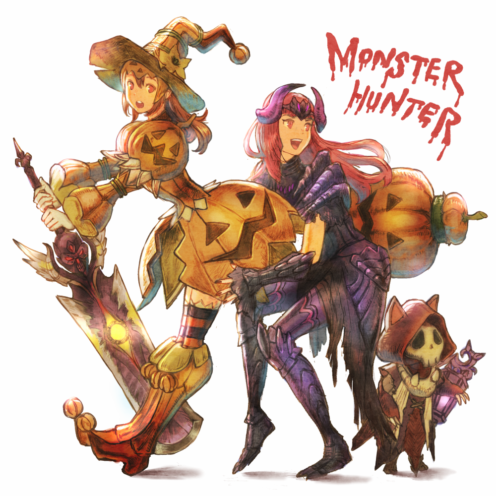 2girls, :d, armor, copyright_name, dress, felyne, flower, gore_magala_(armor), halloween, hat, hat_flower, holding, holding_sword, holding_weapon, jack-o'-lantern, kuroimori, long_sleeves, monster_hunter, monster_hunter_4, multiple_girls, open_mouth, orange_dress, pink_eyes, pink_hair, puffy_long_sleeves, puffy_short_sleeves, puffy_sleeves, pumpkin, short_sleeves, simple_background, smile, striped, striped_legwear, sword, teeth, thigh-highs, tongue, weapon, white_background