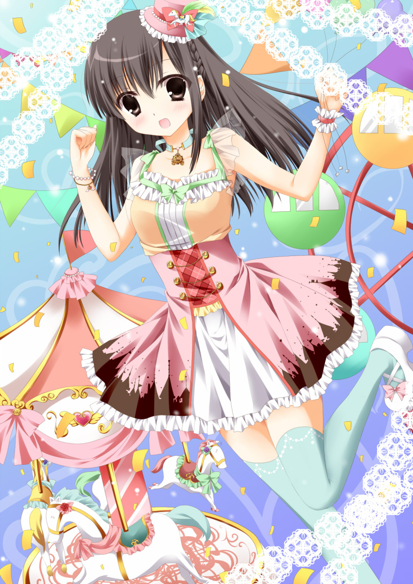 black_eyes, black_hair, blue_legwear, bracelet, braid, carousel, choker, dress