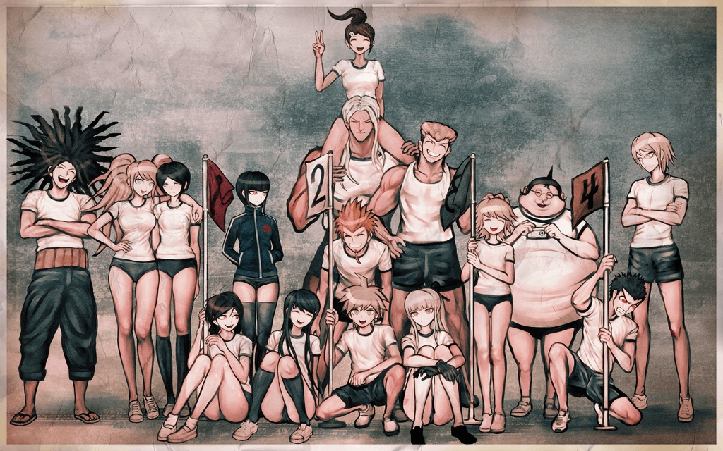 6+boys, 6+girls, :d, arm_around_shoulder, asahina_aoi, beard, black_gloves, black_hair
