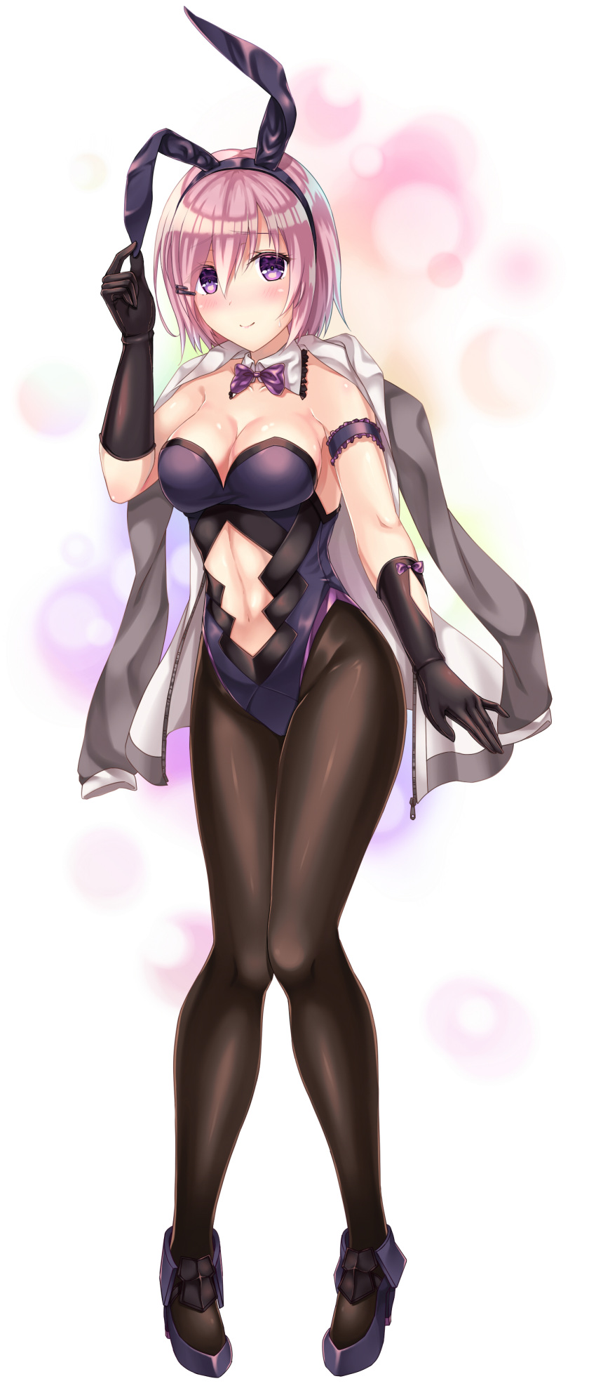 1girl, absurdres, animal_ears, black_gloves, black_hairband, black_legwear, bow, bowtie, breasts, bunny_girl, bunnysuit, cardigan, choker, cleavage, cutout, elbow_gloves, fate/grand_order, fate_(series), full_body, gloves, hairband, highres, leotard, medium_breasts, midriff, navel, open_cardigan, open_clothes, pantyhose, pink_hair, purple_bow, rabbit_ears, shielder_(fate/grand_order), shiny, shiny_clothes, short_hair, sideboob, simple_background, solo, standing, stomach, strapless, strapless_leotard, unzipped, white_background, zhou_yu_(ppaaqz1995)