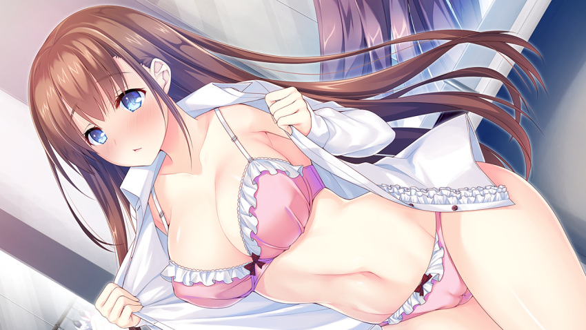 1girl, :<, bikini, blue_eyes, blush, bra, breasts, brown_hair