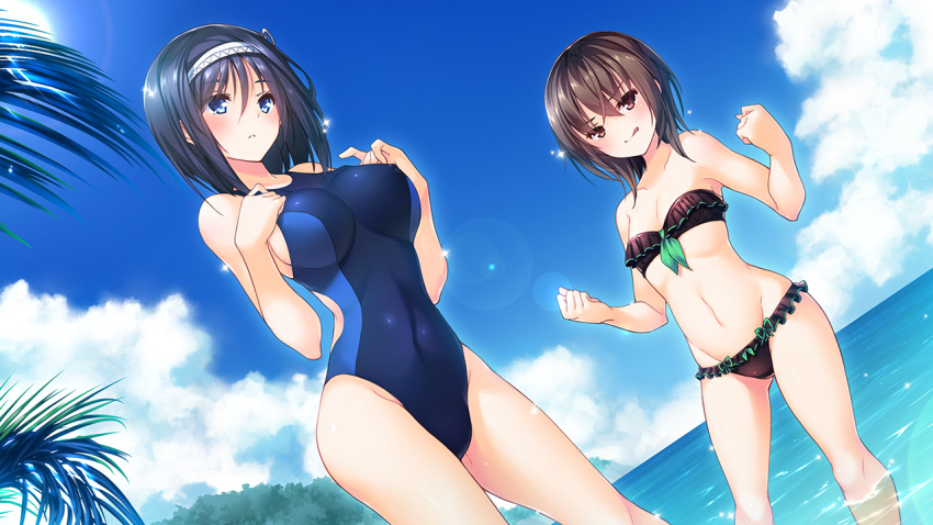 2girls, :q, bandeau, bikini, black_bikini, black_hair, blue_eyes, blue_sky