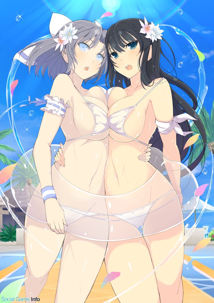 2girls, arm_garter, bikini, black_hair, blue_eyes, blue_sky, breast_press, breasts