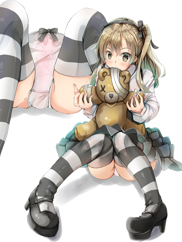 1girl, bandage, bangs, black_footwear, black_legwear, black_ribbon, black_skirt, boko_(girls_und_panzer)