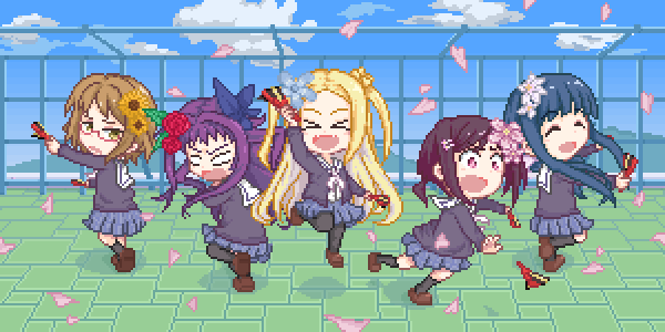 >:d, >_<, 5girls, :d, ^_^, aki_magure, blonde_hair, blue_hair