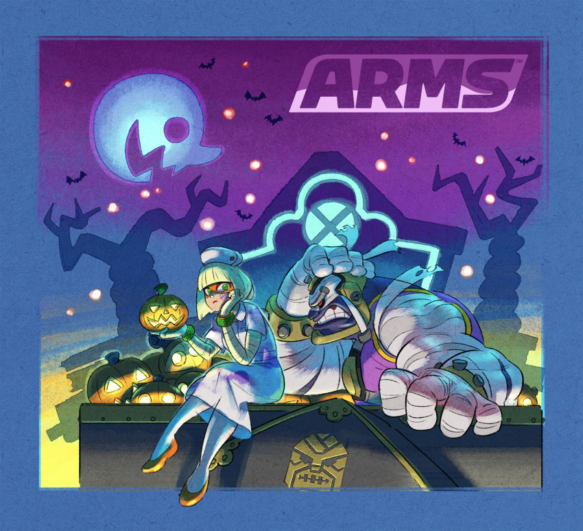 1boy, 1girl, arms_(game), bat, blonde_hair, domino_mask, halloween, halloween_costume
