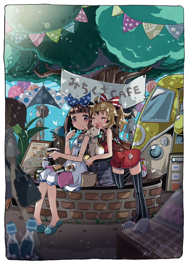 2boys, 3girls, :3, :d, ^_^, aqua_footwear, backpack, bag