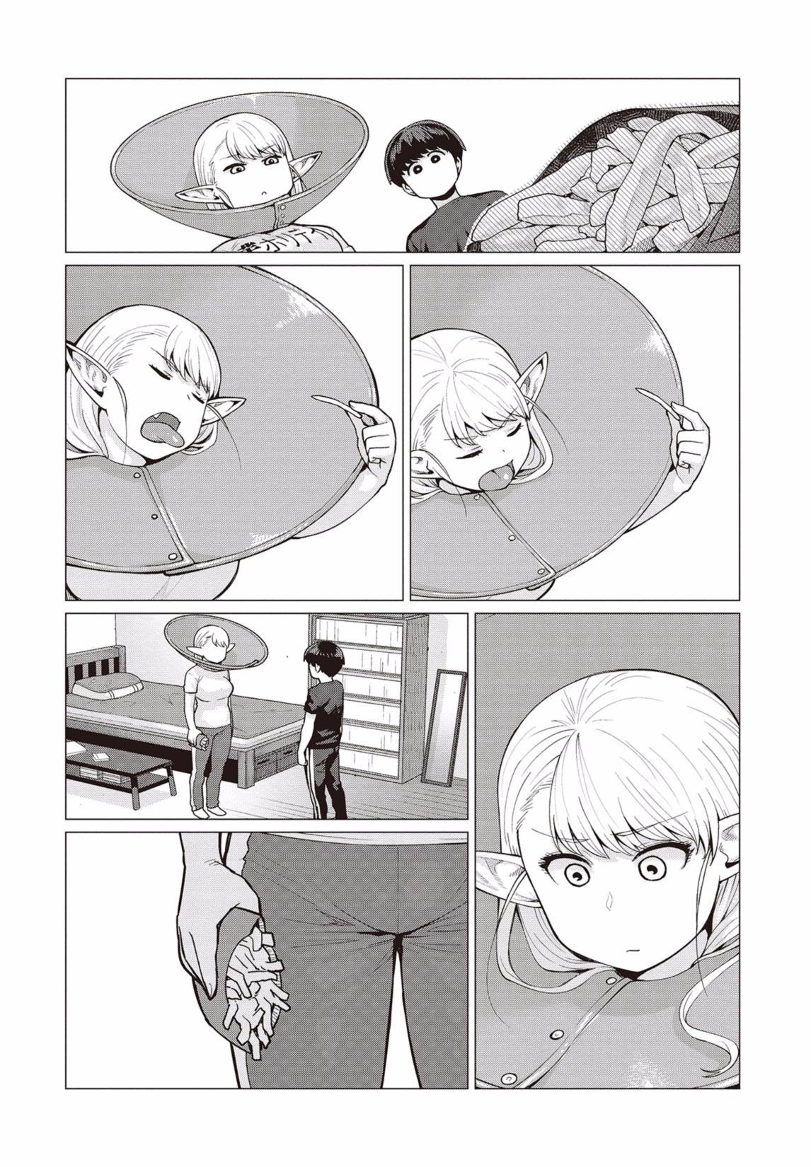 1boy, 1girl, :<, bangs, breasts, comic, defeat, elf, elf-san_wa_yaserarenai., elizabethan_collar, empty_eyes, erufuda-san, fang, food, french_fries, greyscale, highres, large_breasts, monochrome, naoe-san, pants, plump, pointy_ears, shirt, silent_comic, solo_focus, synecdoche, t-shirt, tongue, tongue_out, track_pants